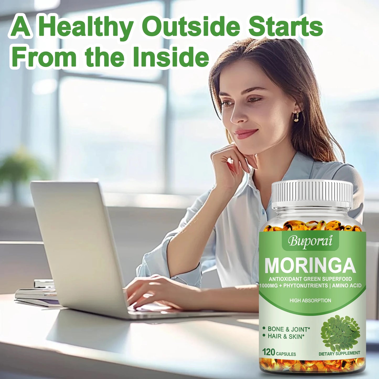 Moringa - Immune System, Energy & Metabolism Natural Anti-inflammatory Helps Detox, Fat Burn - 120 Capsules