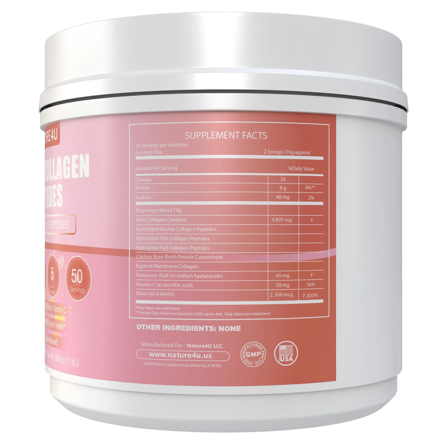 Nature4U Multi Collagen Peptides Powder with Biotin, Hyaluronic Acid, , Vitamin C for Healthy Hair, Skin, Nails, Joint, 1.1LB