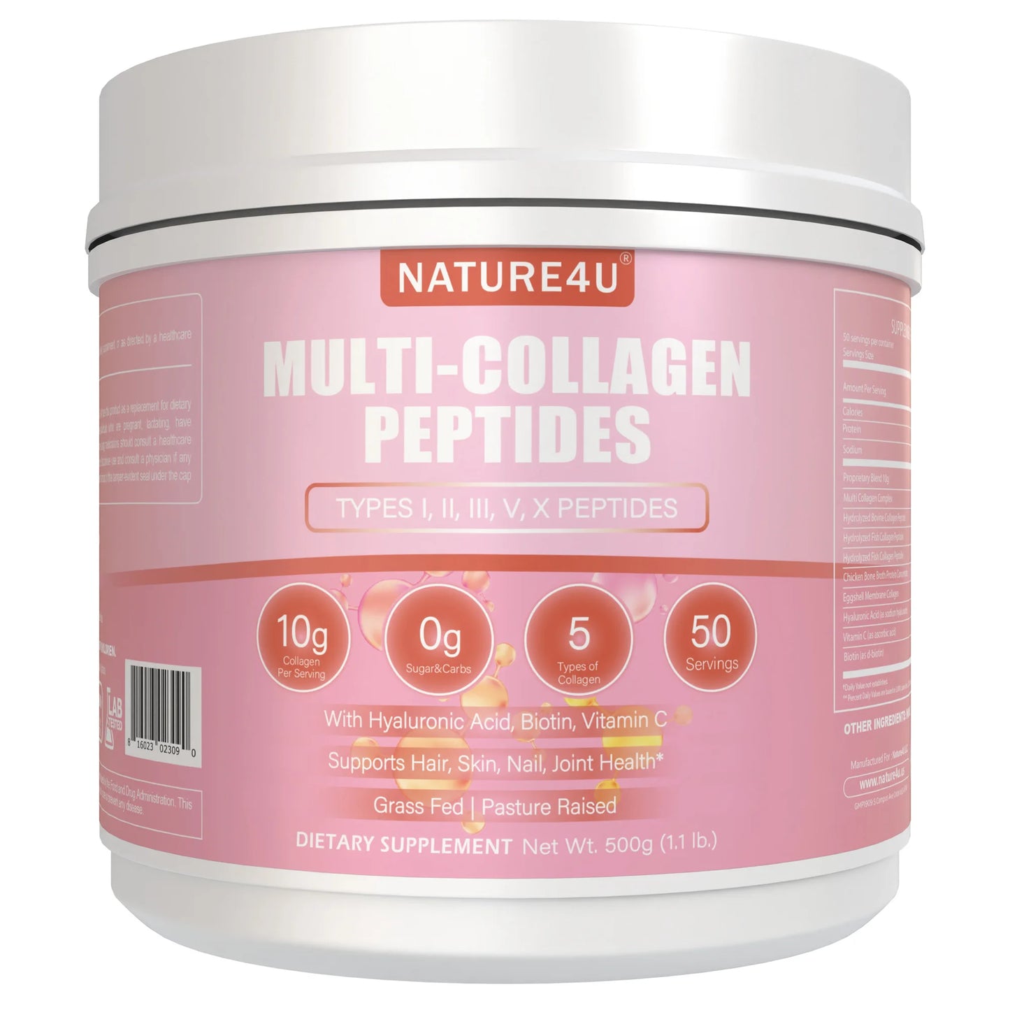 Nature4U Multi Collagen Peptides Powder with Biotin, Hyaluronic Acid, , Vitamin C for Healthy Hair, Skin, Nails, Joint, 1.1LB