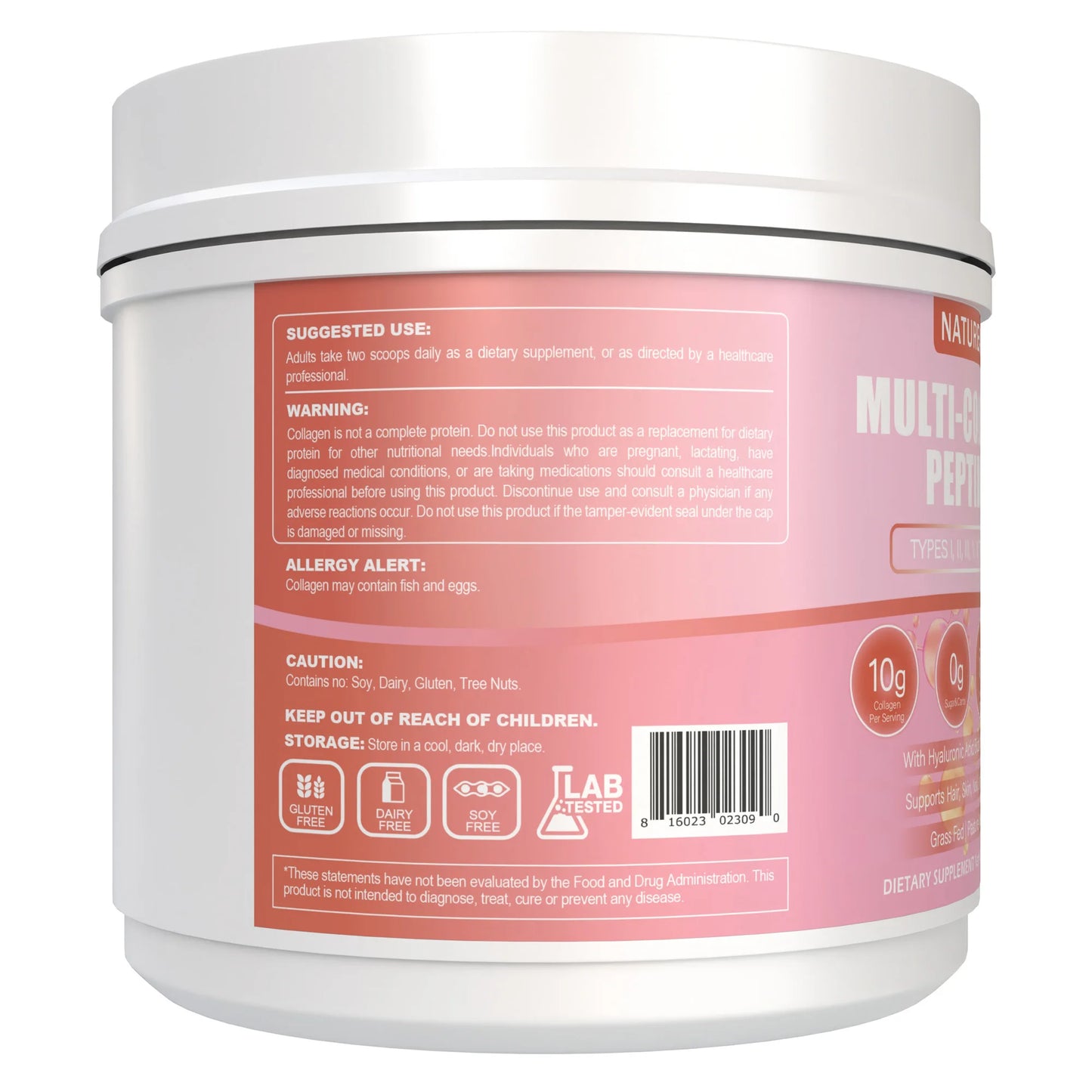 Nature4U Multi Collagen Peptides Powder with Biotin, Hyaluronic Acid, , Vitamin C for Healthy Hair, Skin, Nails, Joint, 1.1LB