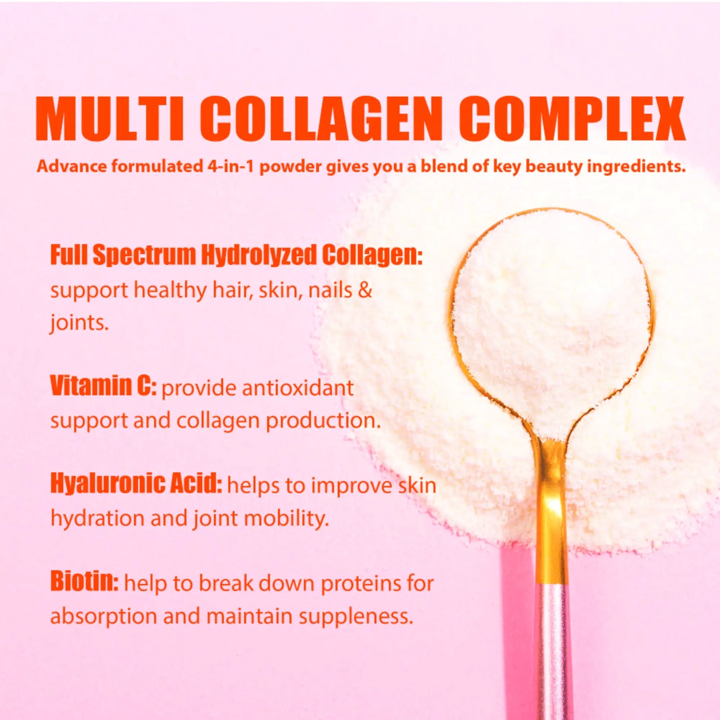 Nature4U Multi Collagen Peptides Powder with Biotin, Hyaluronic Acid, , Vitamin C for Healthy Hair, Skin, Nails, Joint, 1.1LB