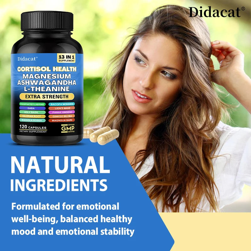 13-in-1 Cortisol Supplement - Magnesium Ashwagandha for Brain Memory, Thinking, Brain Cell Health, Mood, Relaxation