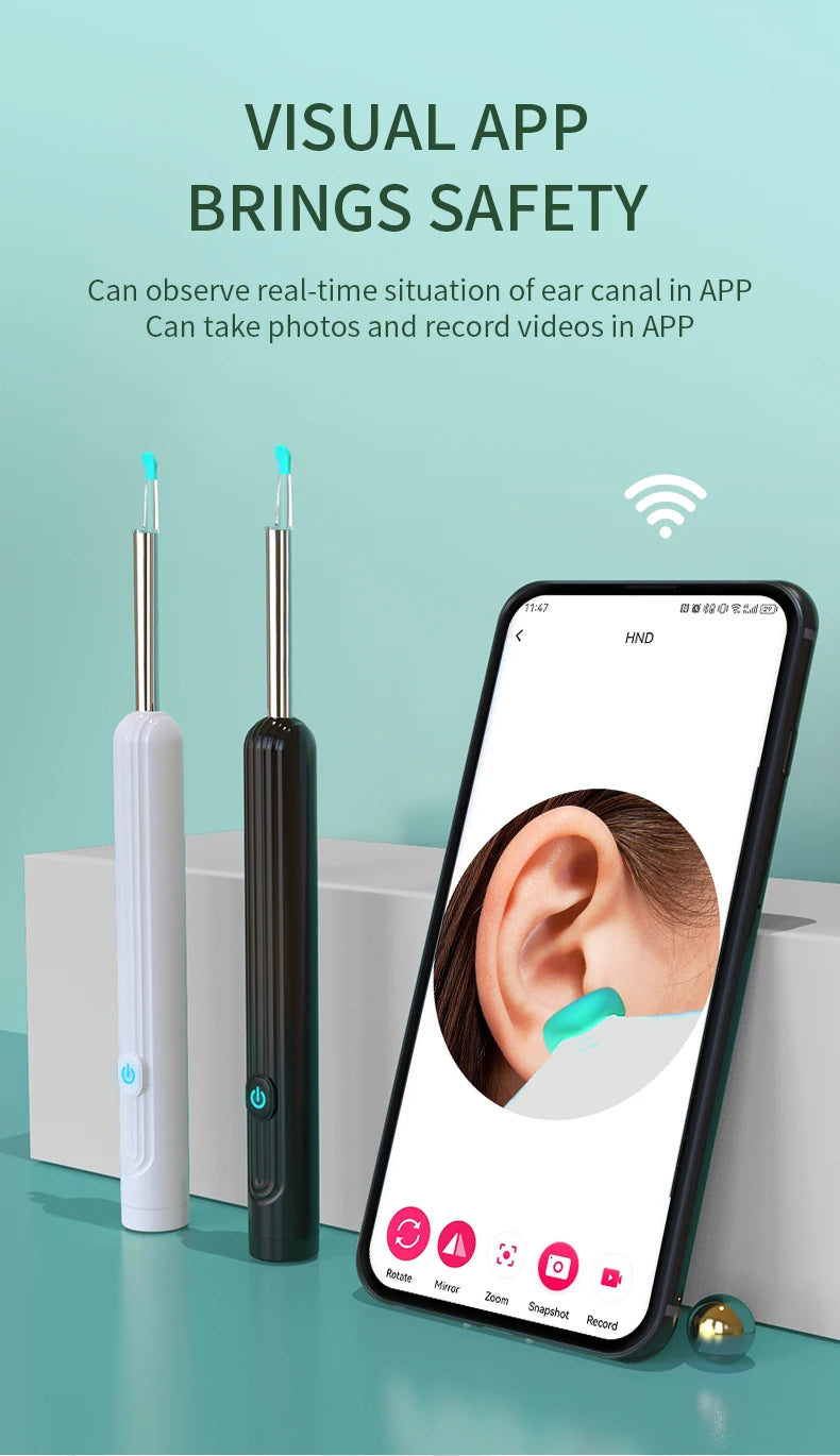 Smart Visual Ear Cleaner with Camera 1296P Ear Sticks USB C Charging Ear Wax Removal Tool WIFI Connection 6 LED Lights Earpick