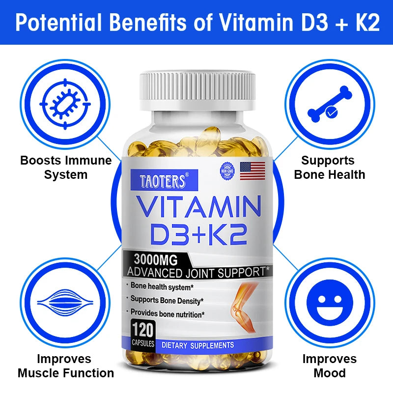 TAOTERS Vitamin D3+K2 supplement promotes calcium absorption, cardiovascular health, and helps human growth and development