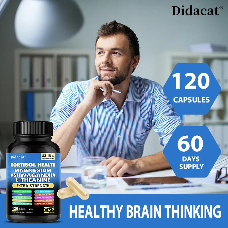 13-in-1 Cortisol Supplement - Magnesium Ashwagandha for Brain Memory, Thinking, Brain Cell Health, Mood, Relaxation