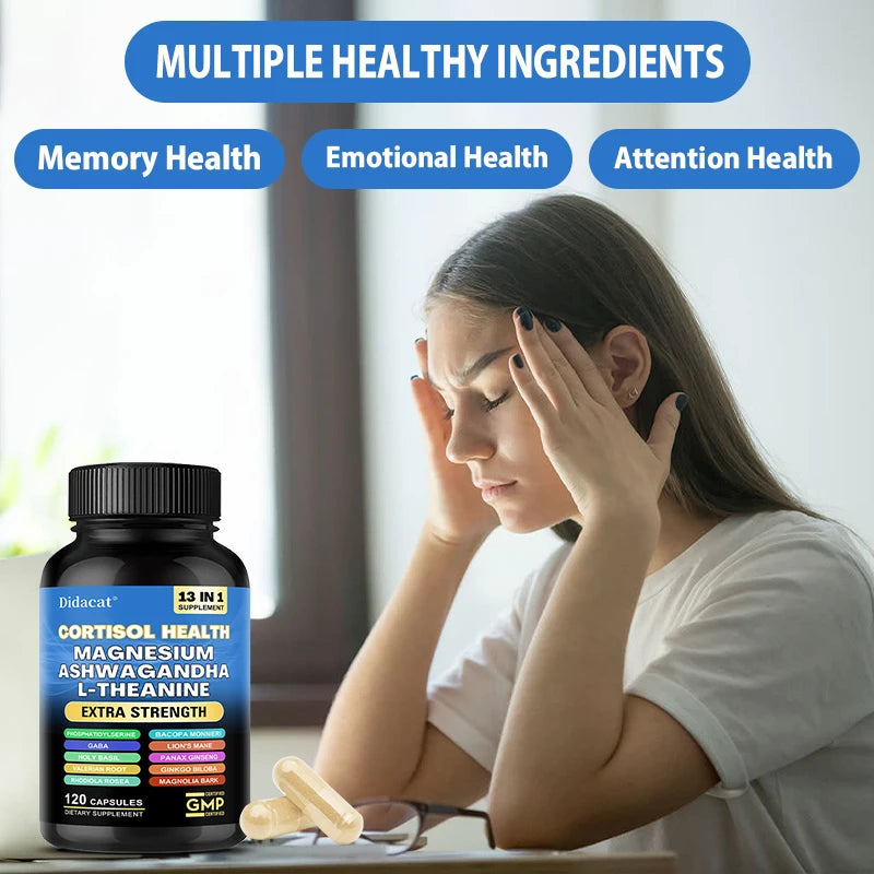 13-in-1 Cortisol Supplement - Magnesium Ashwagandha for Brain Memory, Thinking, Brain Cell Health, Mood, Relaxation