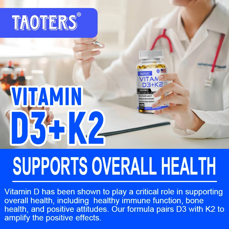 TAOTERS Vitamin D3+K2 supplement promotes calcium absorption, cardiovascular health, and helps human growth and development