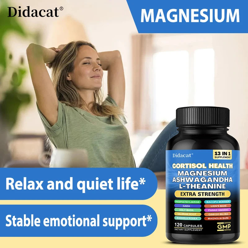 13-in-1 Cortisol Supplement - Magnesium Ashwagandha for Brain Memory, Thinking, Brain Cell Health, Mood, Relaxation